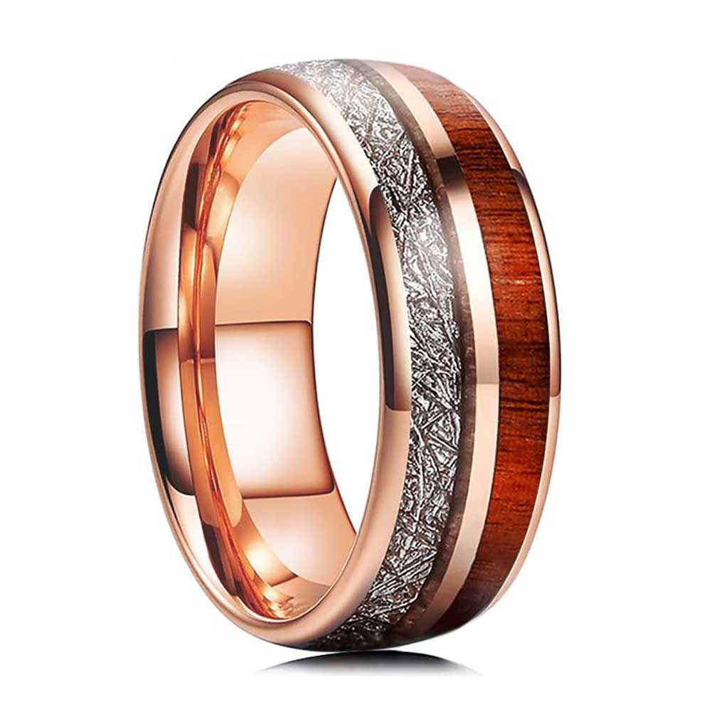 Wood & Meteorite Ring Tungsten Wedding Band Mens Ring Koa Wood