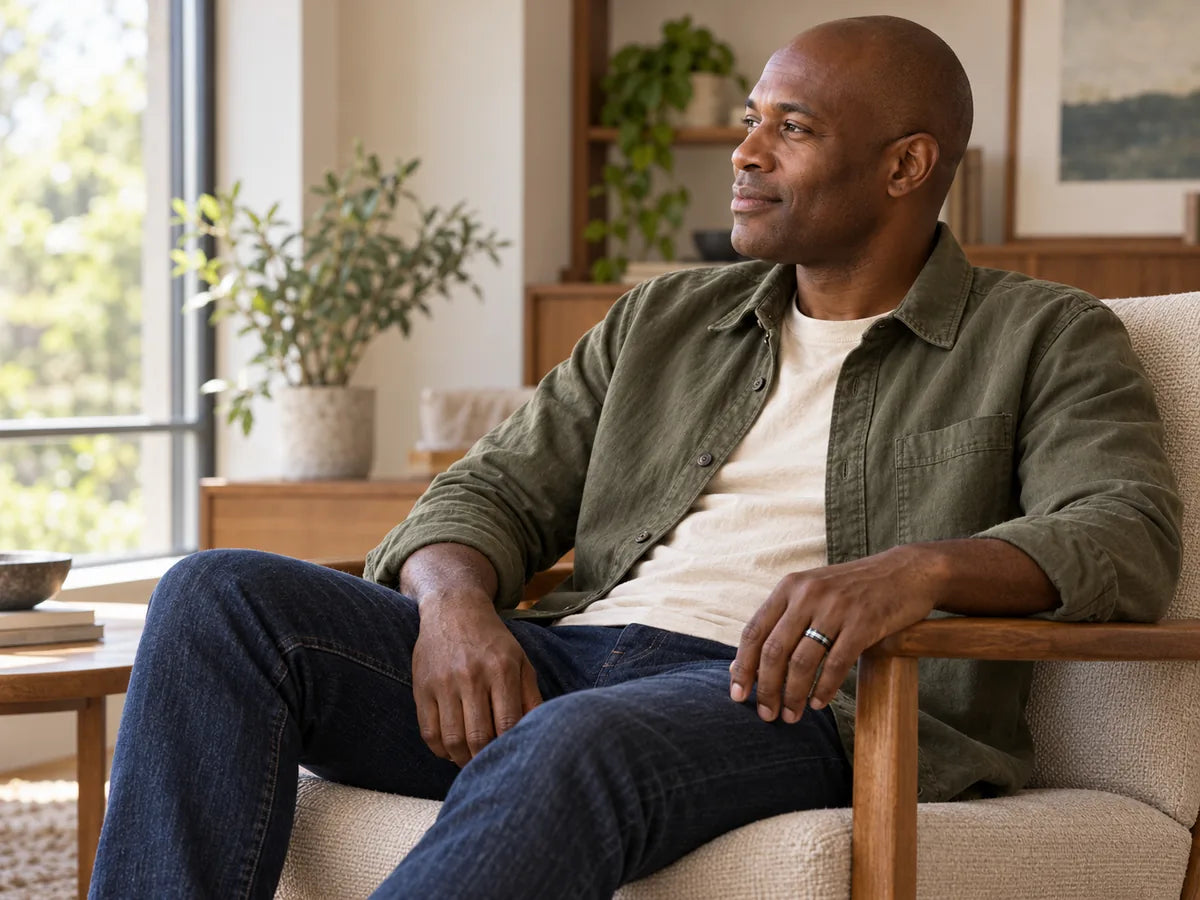 Man wearing a black ceramic ring with silver inlay in a lounge chair.