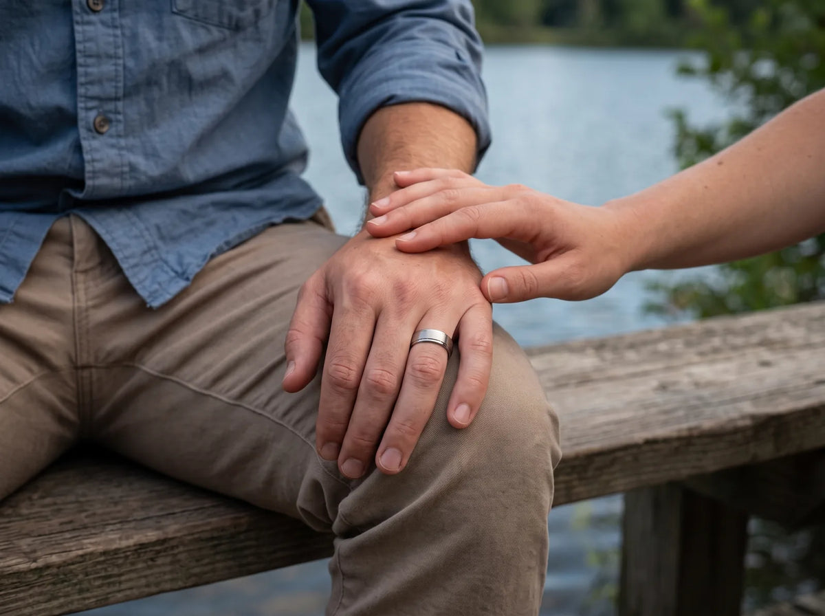 Couple resting their hands together beside a lake, with a silver-tone wedding band visible.