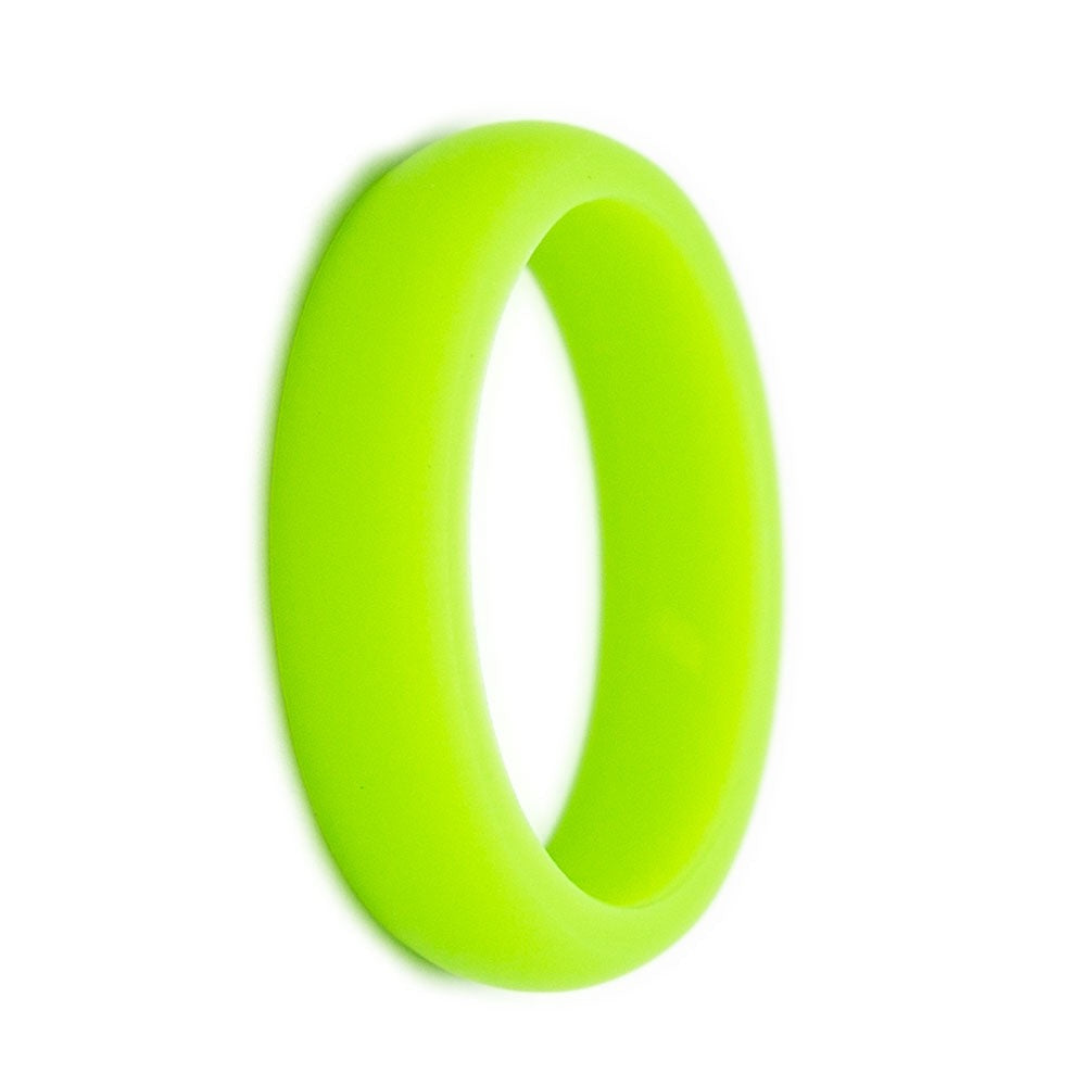 Thin neon green silicone ring, 5.5mm wide, shown vertically at an angle on a white background