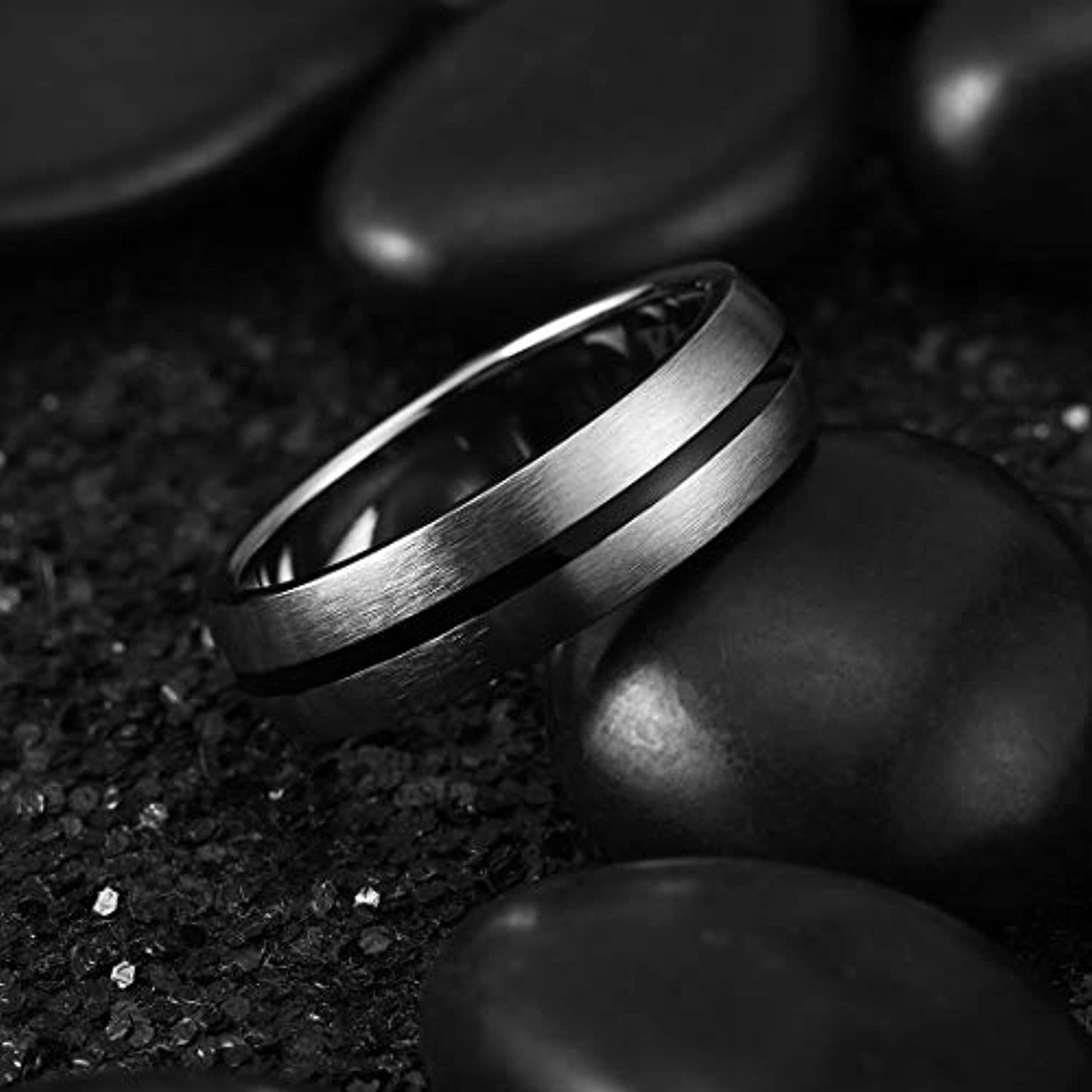 Silver Brushed Domed Titanium Carbide Ring with Black Grooved Inlay | 6mm