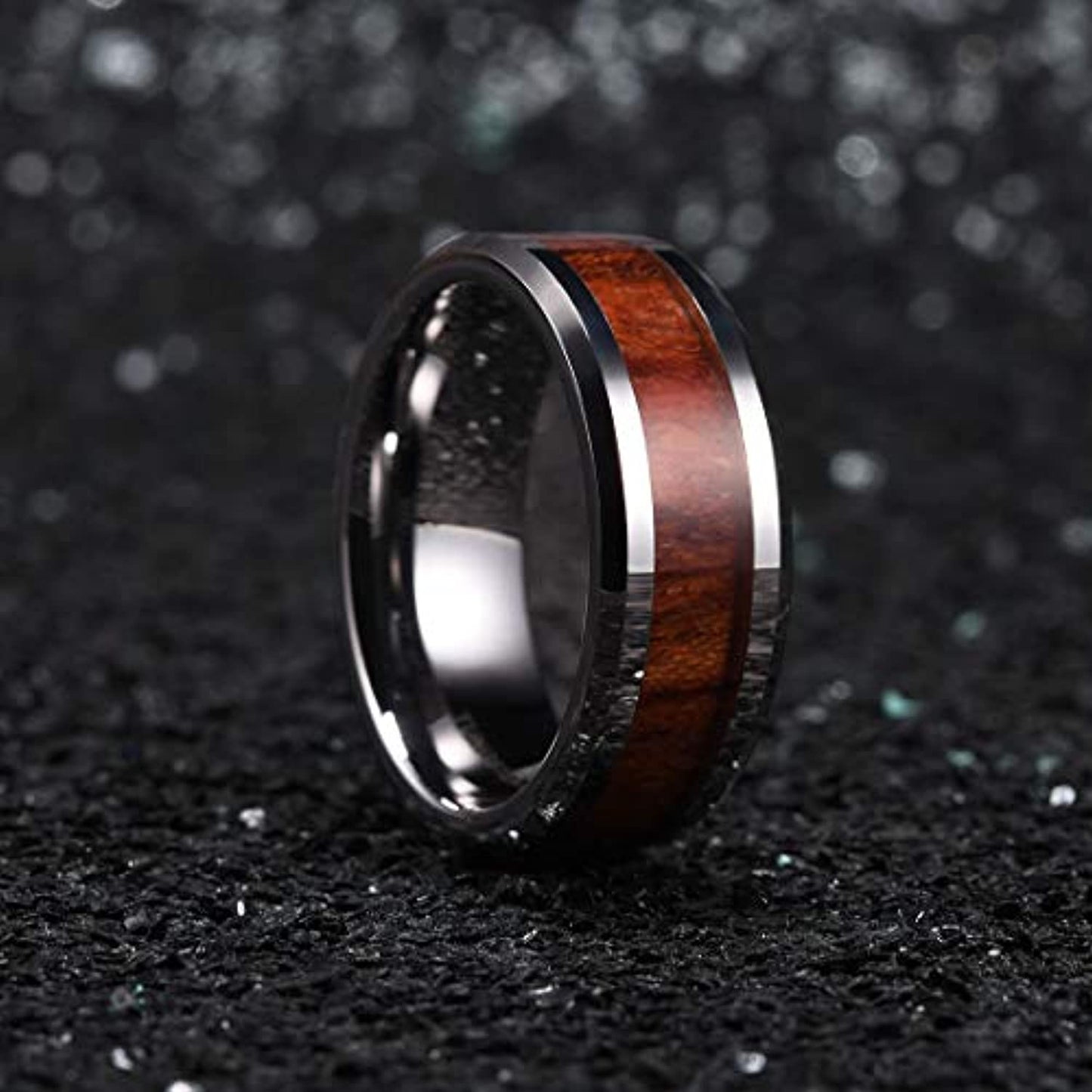 Silver Tungsten Carbide Ring with Koa Wood Inlay | 8mm
