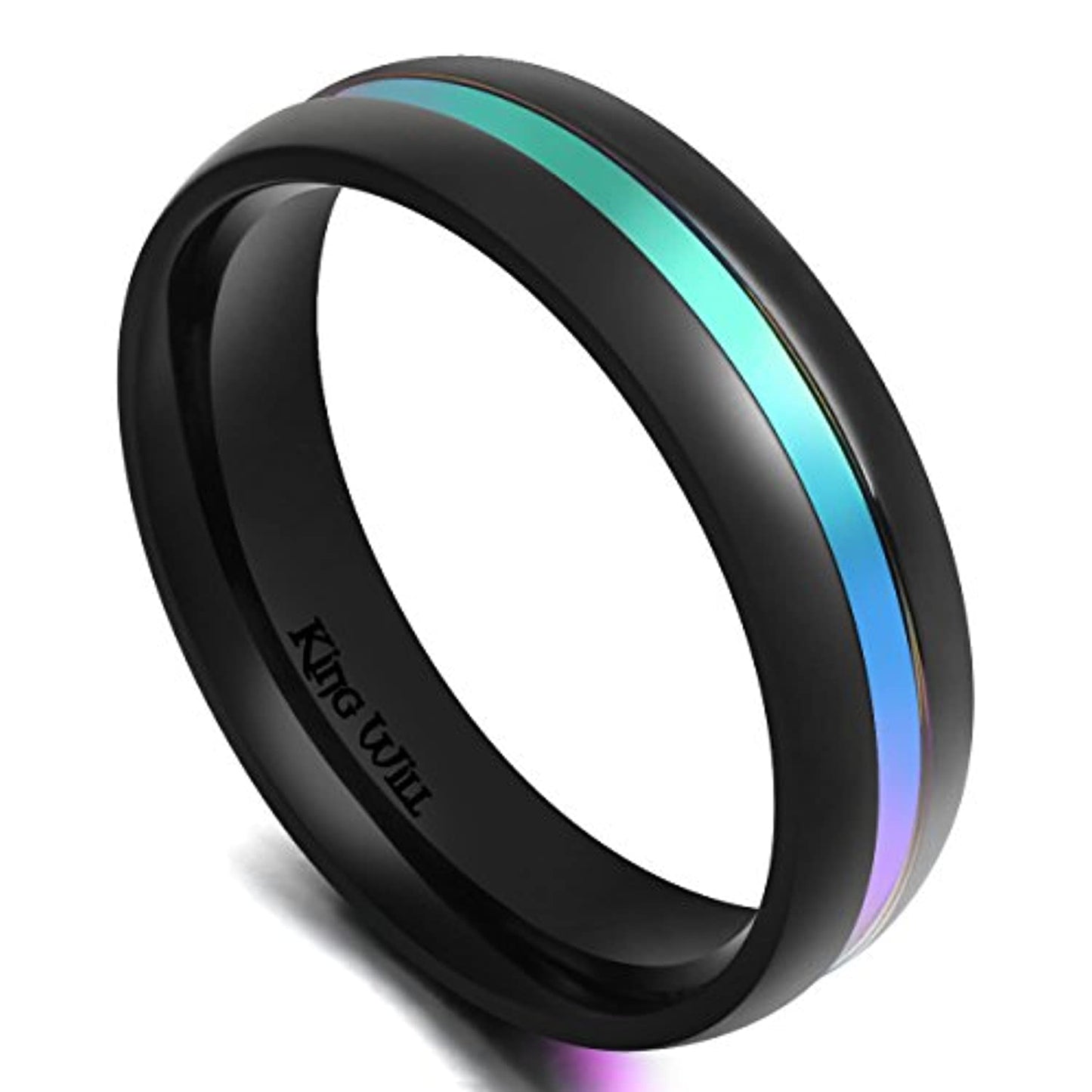 Black Polished Domed Titanium Ring with Iridescent Grooved Inlay | 6mm
