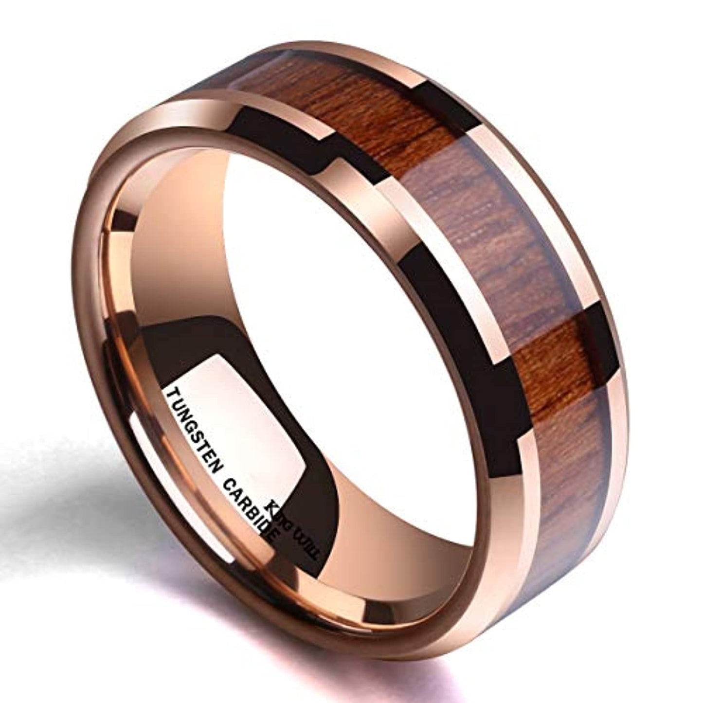 Rose Gold Polished Beveled Tungsten Carbide Ring with Koa Wood Inlay | 8mm