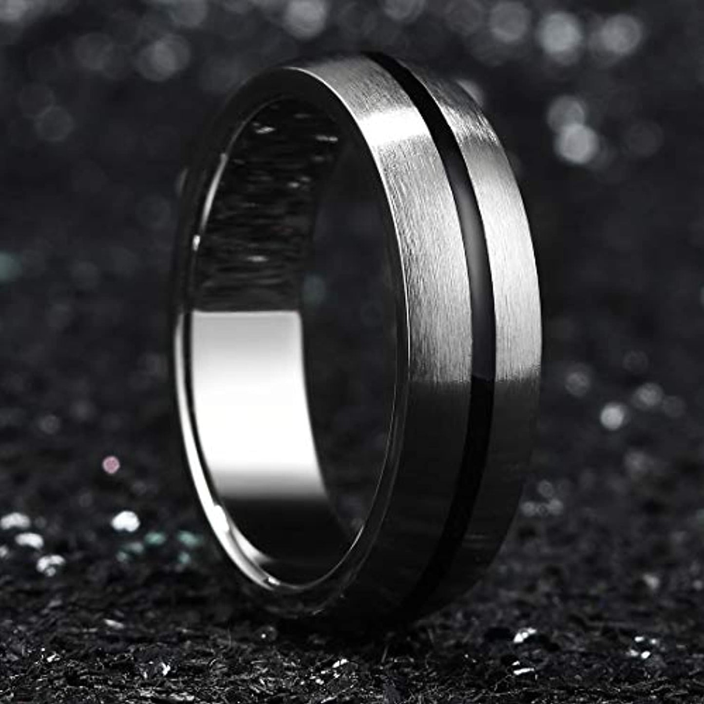 Silver Brushed Domed Titanium Carbide Ring with Black Grooved Inlay | 6mm