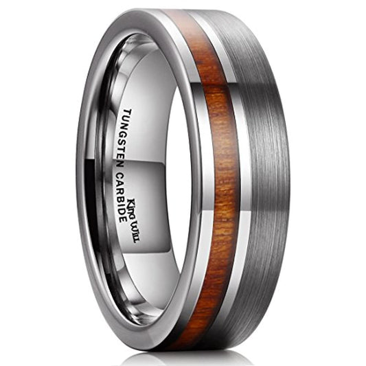 Silver Polished Squared Tungsten Carbide Ring with Koa Wood and Brushed Inlay | 7mm