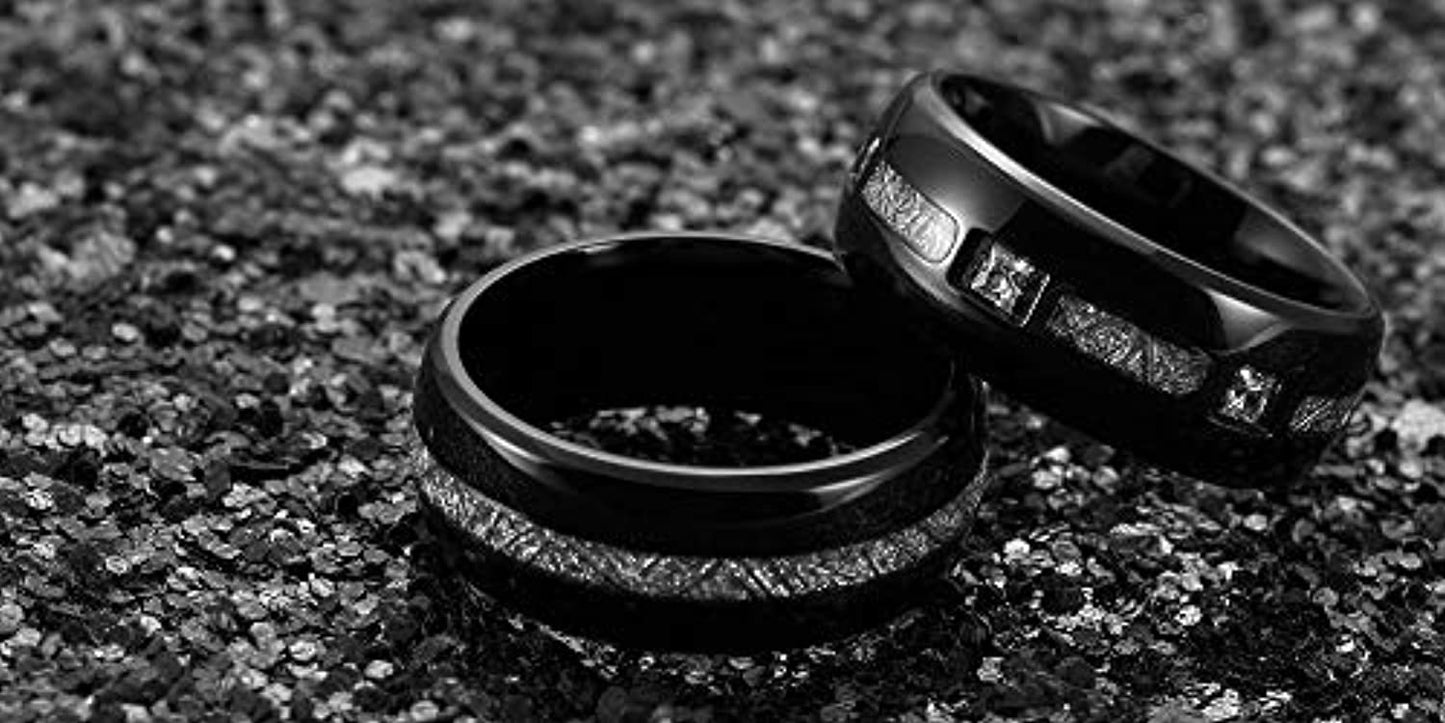 Black Polished Domed Titanium Ring with Meteorite and Cubic Zirconia Inlay | 8mm