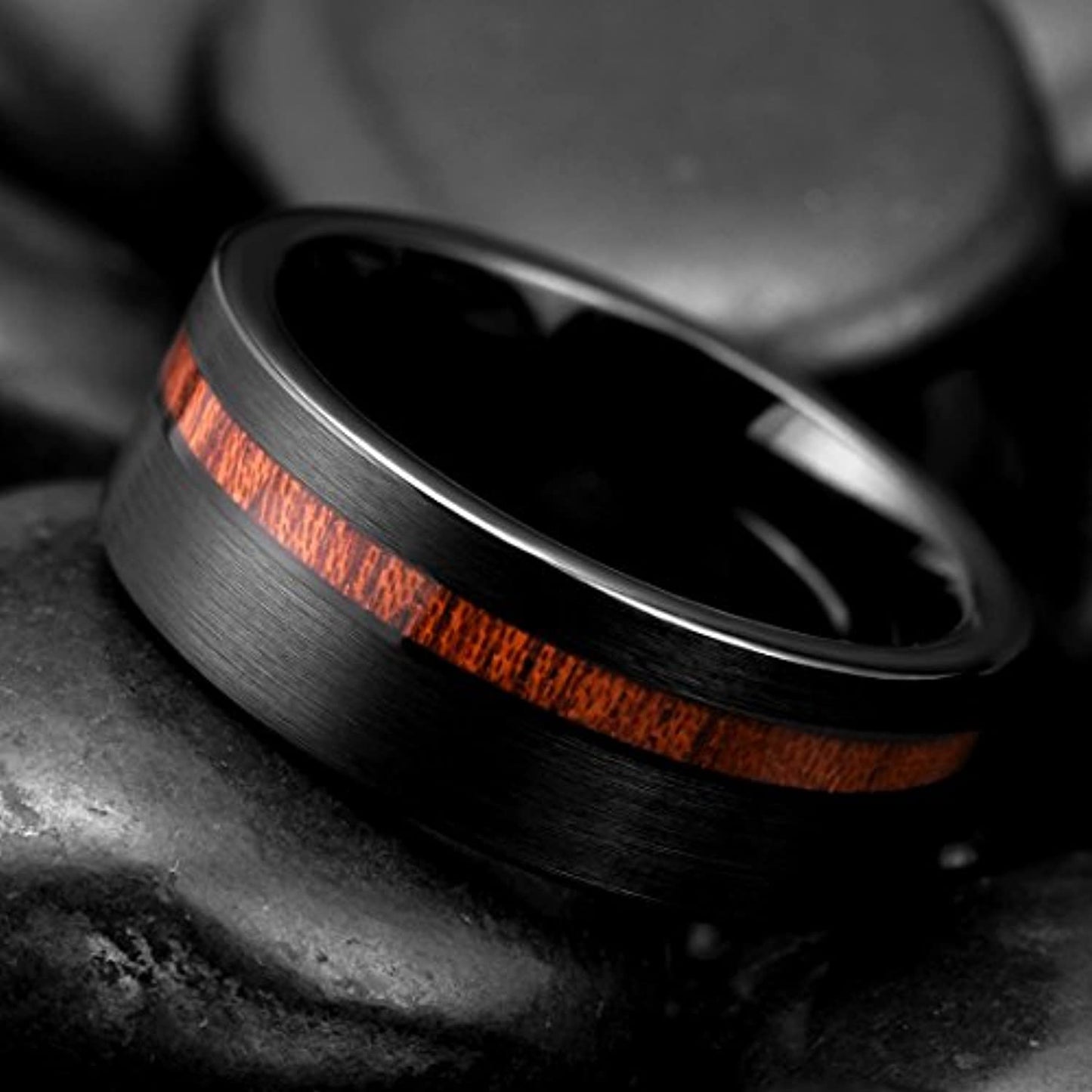 Black Brushed Tungsten Carbide Ring with Koa Wood Inlay | 8mm