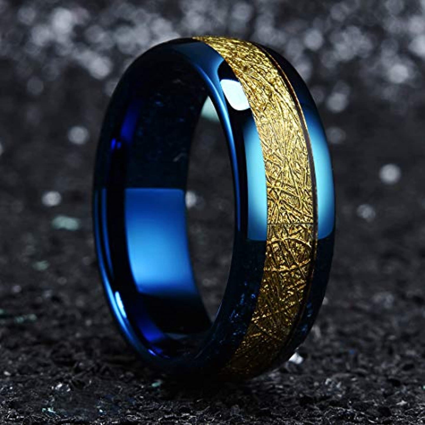 Blue Polished Domed Tungsten Carbide Ring with Gold Meteorite Inlay | 8mm