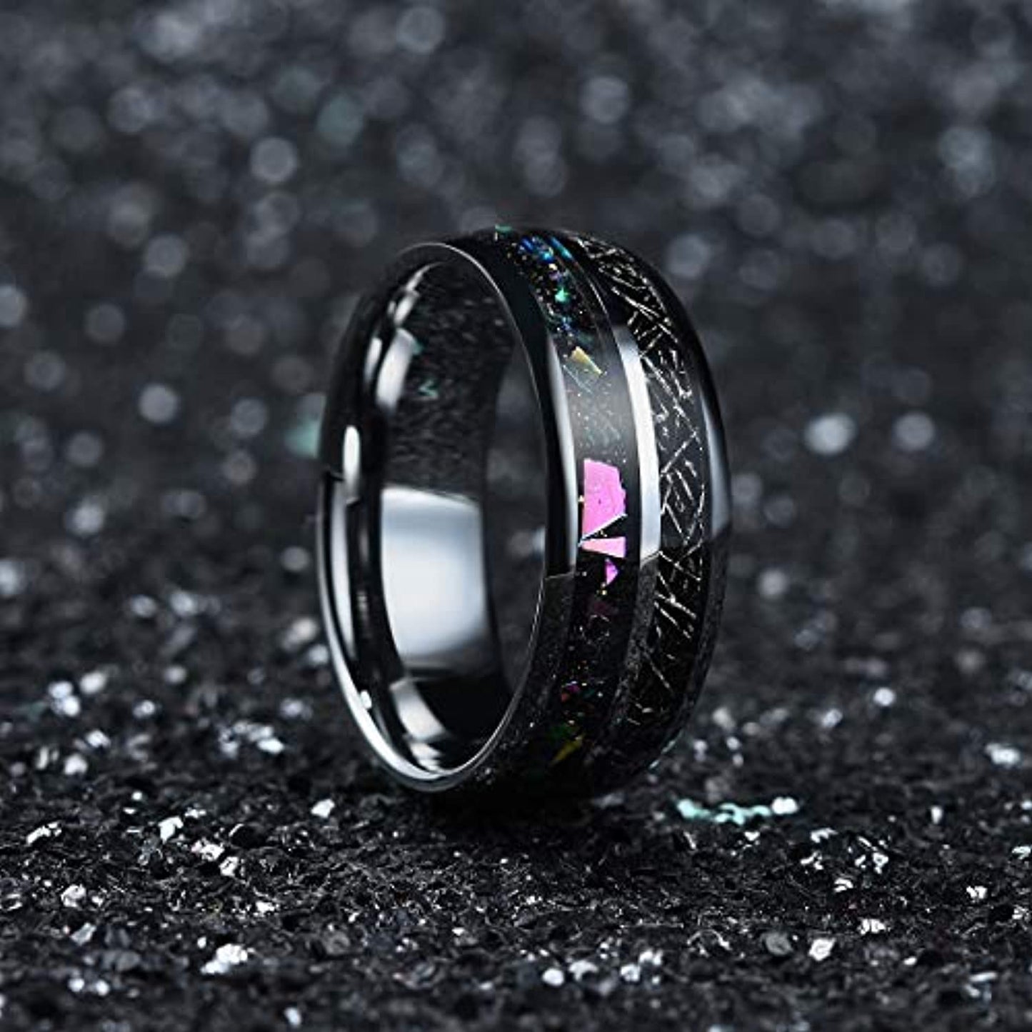 Silver Polished Tungsten Carbide Ring with Meteorite & Opal Inlay | 7mm
