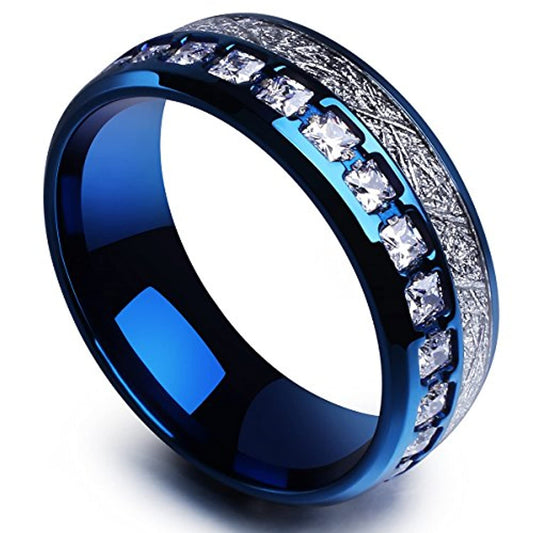 Blue Polished Titanium with Cubic Zirconia & Meteorite Inlay | 8mm
