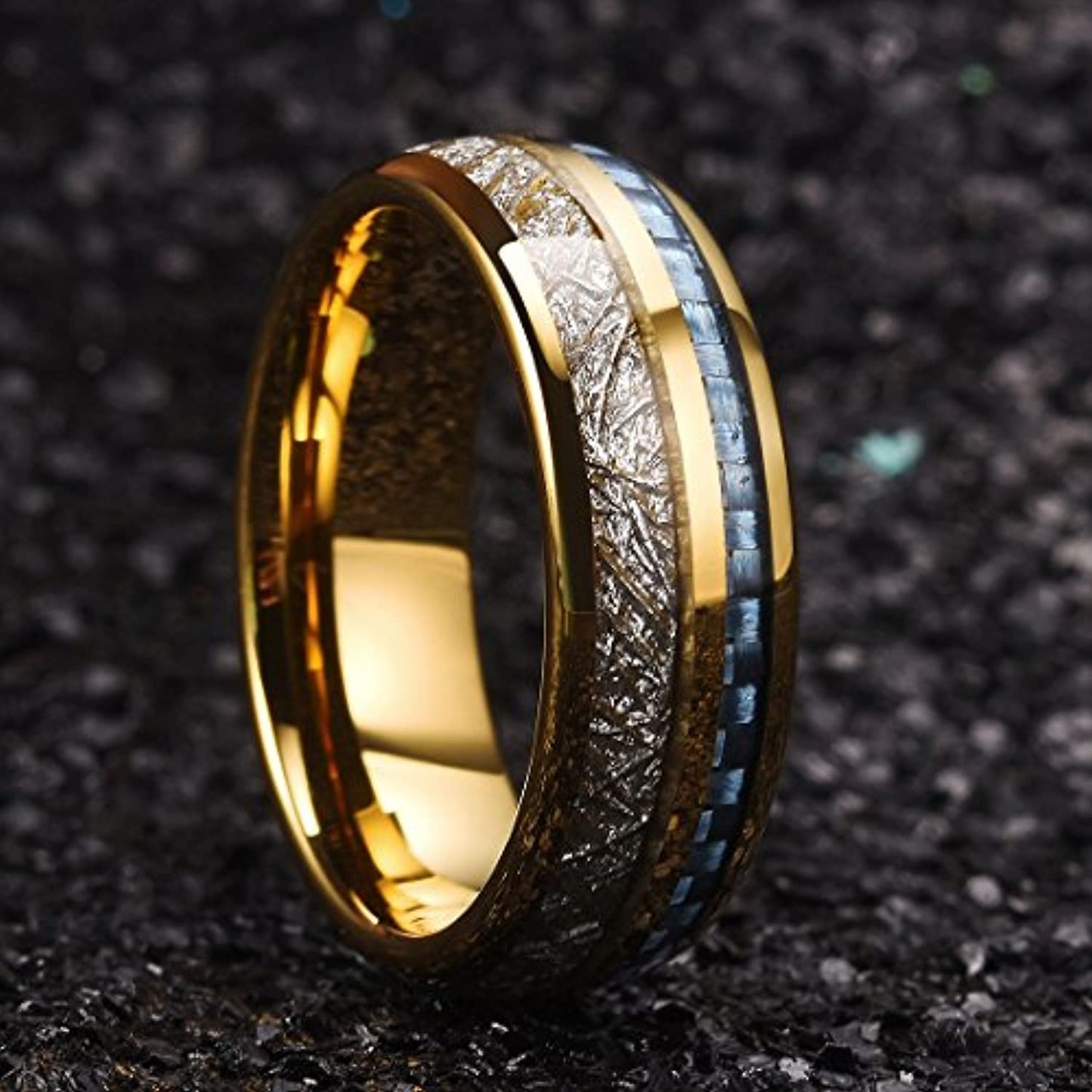 Gold Polished Tungsten Carbide Ring with Meteorite and Carbon Fiber Inlay | 7mm