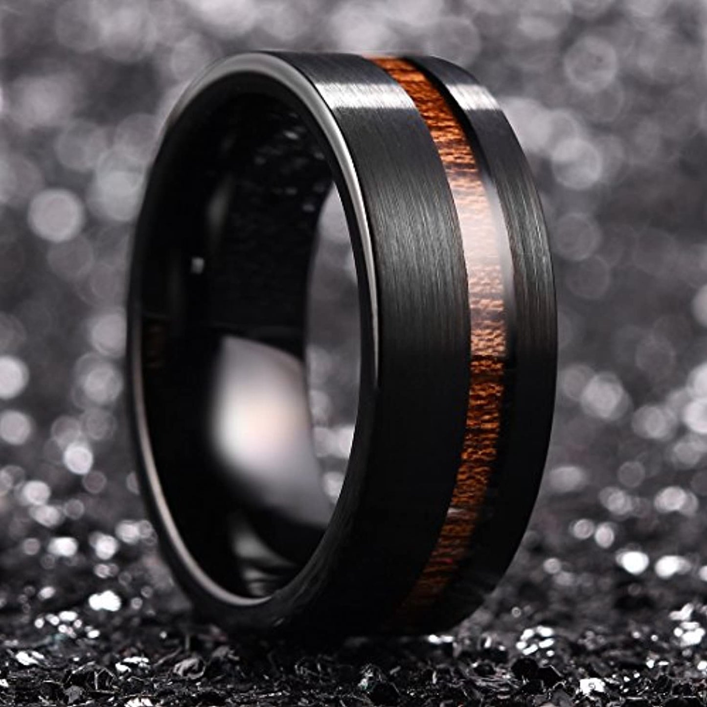 Black Brushed Tungsten Carbide Ring with Koa Wood Inlay | 8mm