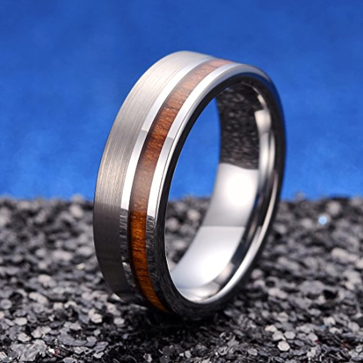 Silver Polished Squared Tungsten Carbide Ring with Koa Wood and Brushed Inlay | 7mm