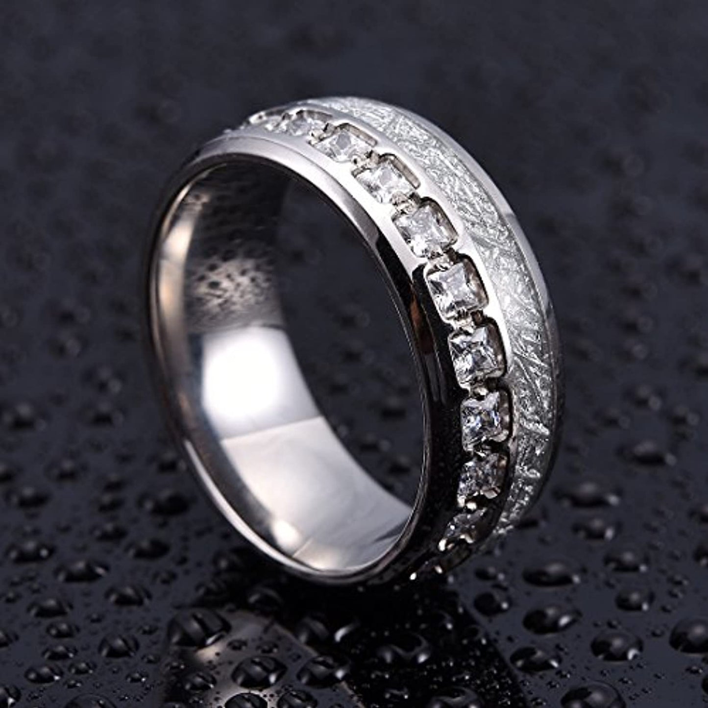 Silver Domed Titanium Ring with Cubic Zirconia and Meteorite Inlay | 8mm