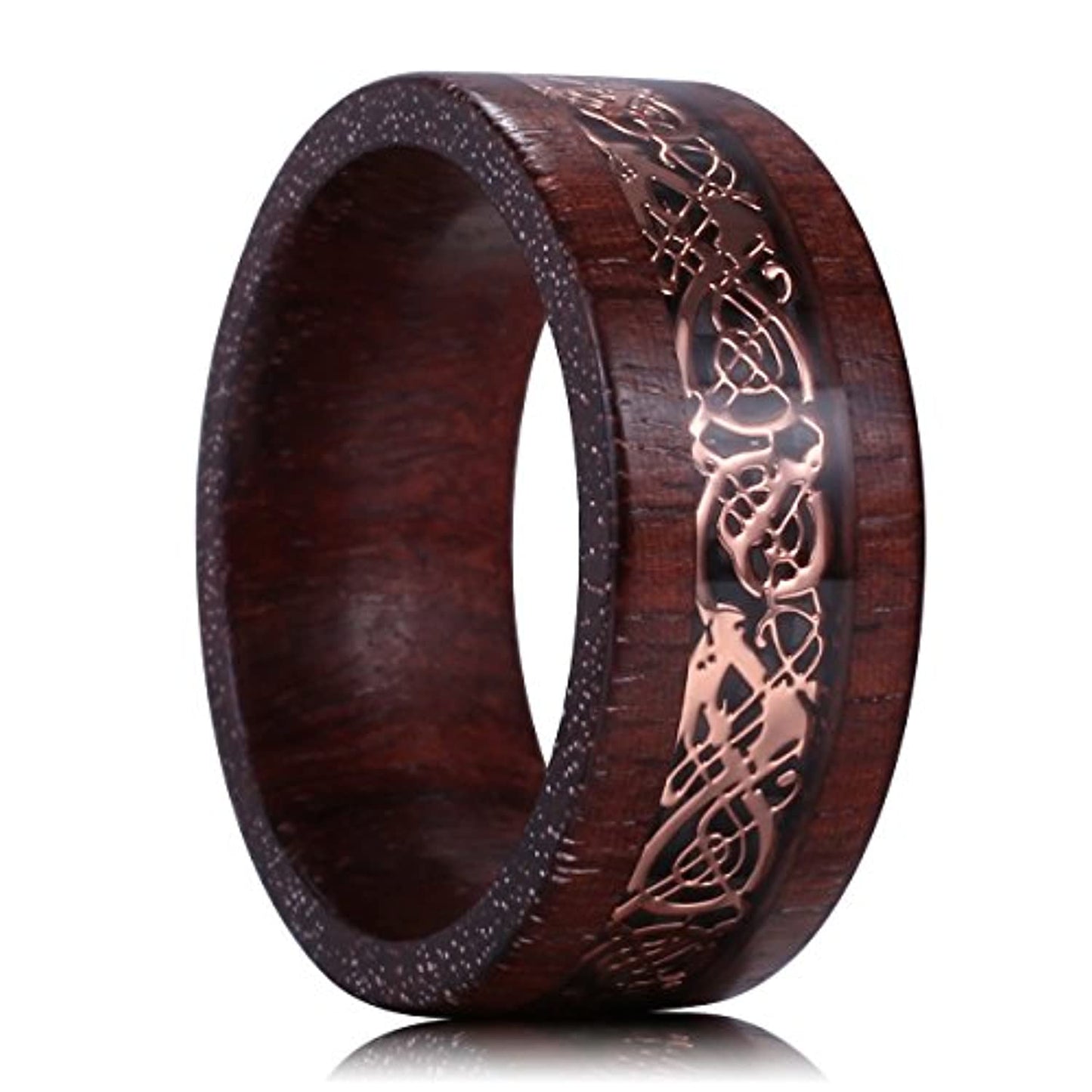 Wood Ring with Rose Gold Tungsten Carbide Celtic Inlay | 8mm