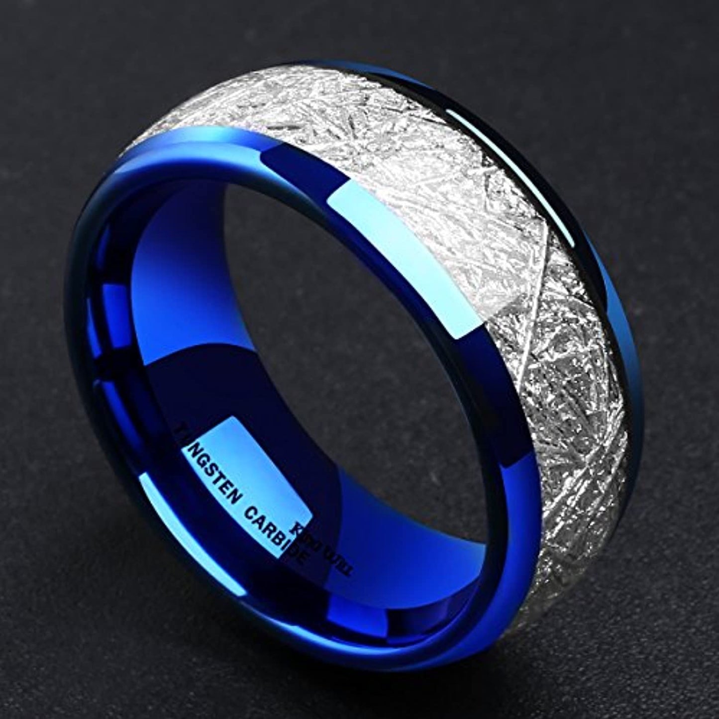 Blue Domed Tungsten Carbide Ring with Silver Meteorite Inlay | 8mm