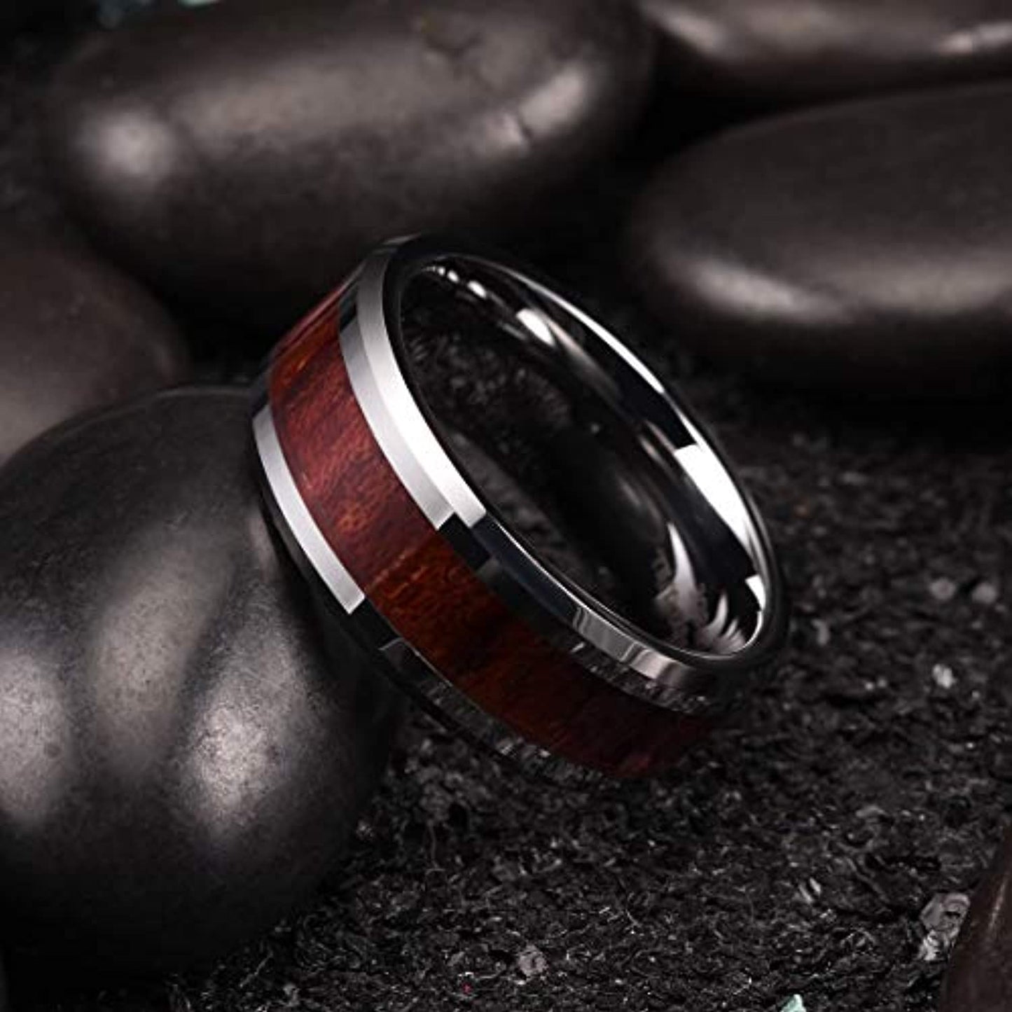 Silver Tungsten Carbide Ring with Koa Wood Inlay | 8mm
