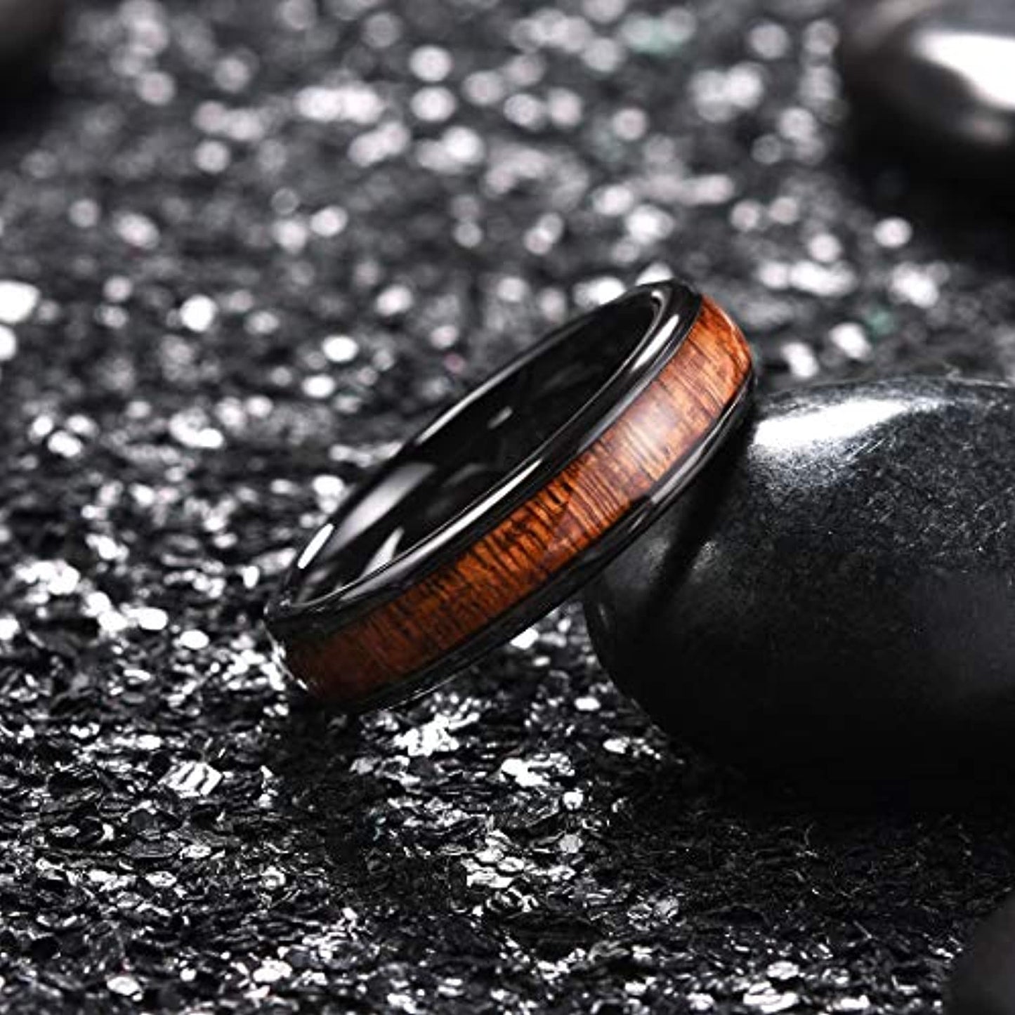 Black Domed Ceramic Ring with Koa Wood Inlay | 5mm