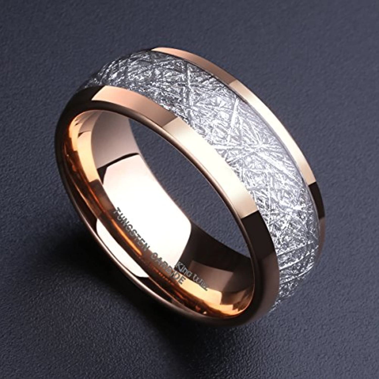 Gold Domed Tungsten Carbide Ring with Silver Meteorite Inlay | 8mm