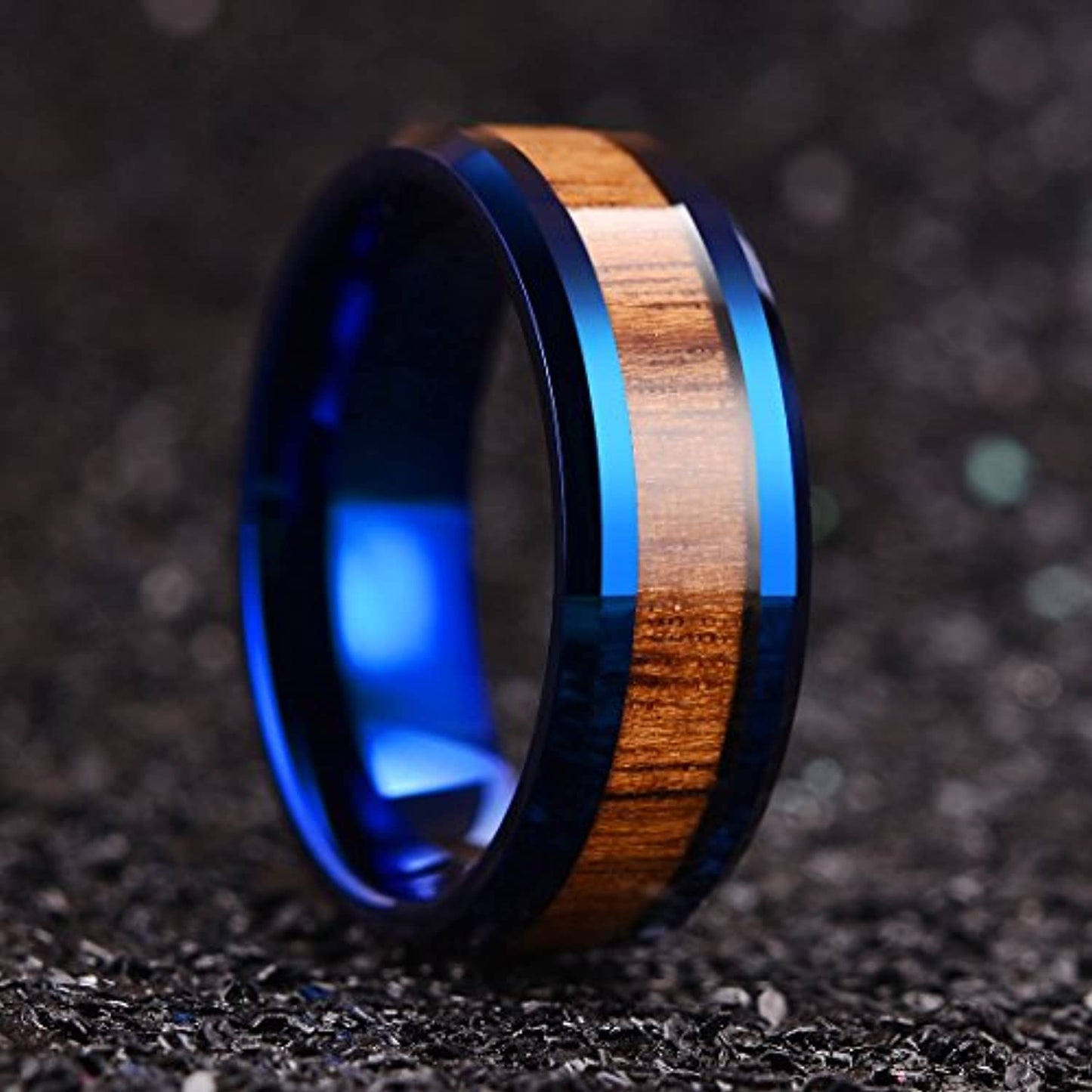 Blue Polished Beveled Tungsten Carbide Ring with Koa Wood Inlay | 8mm
