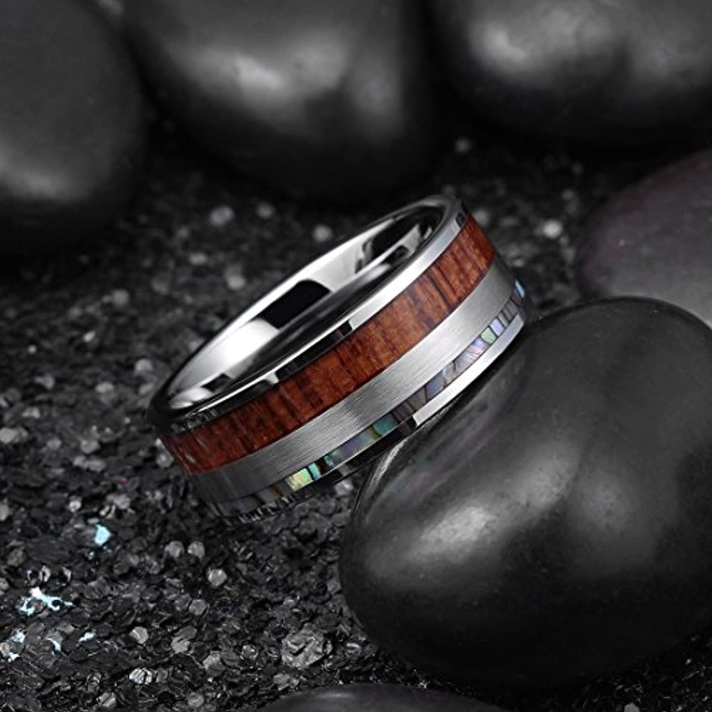 Silver Brushed and Polished Squared Tungsten Carbide Ring with Koa Wood and Opal Inlay | 8mm