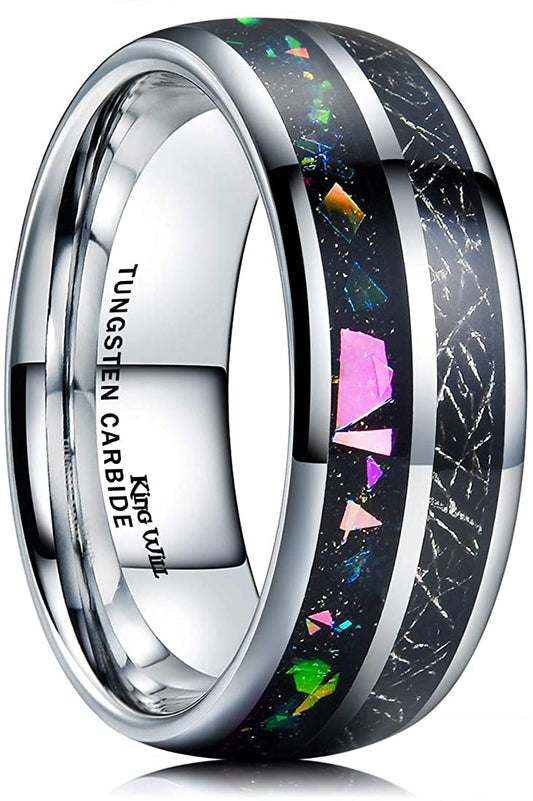 Silver Polished Tungsten Carbide Ring with Meteorite & Opal Inlay | 7mm