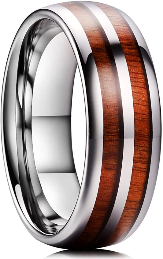 Silver Polished Domed Tungsten Carbide Ring with Double Rosewood Inlay | 8mm