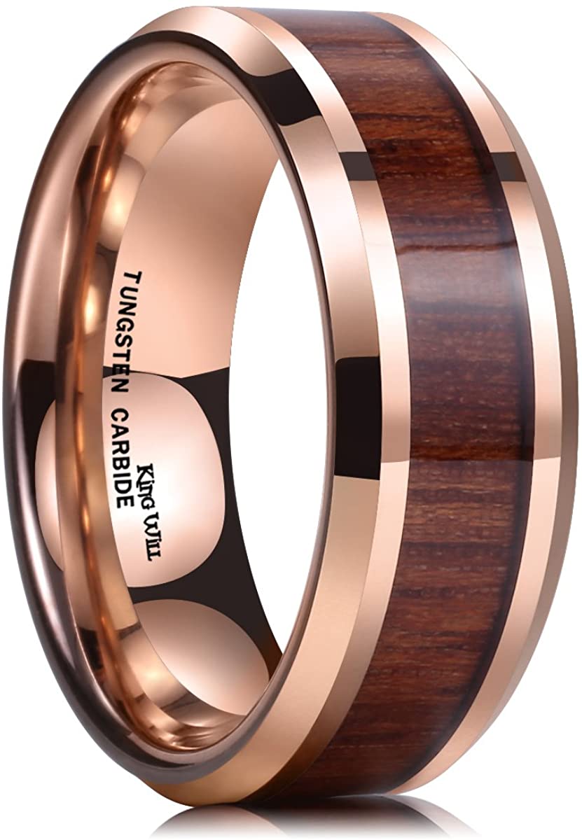 Rose Gold Polished Beveled Tungsten Carbide Ring with Koa Wood Inlay | 8mm