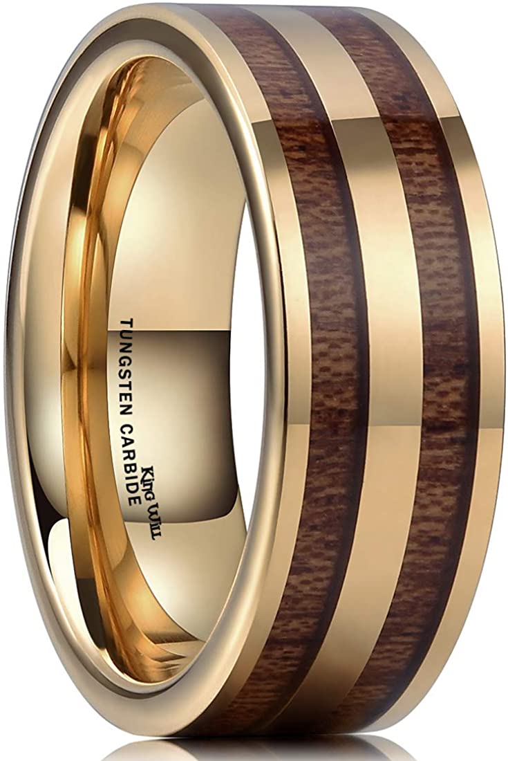 Gold Plated Polished Tungsten Carbide Ring with Double Koa Wood Inlay | 8mm
