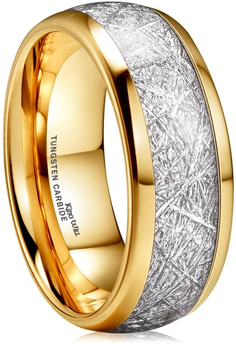 Gold Domed Tungsten Carbide Ring with Silver Meteorite Inlay | 8mm
