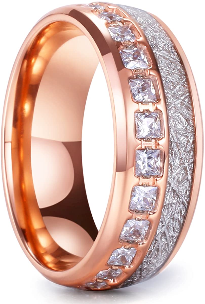 Rose Gold Polished Titanium Ring with Cubic Zirconia and Meteorite Inlay | 8mm