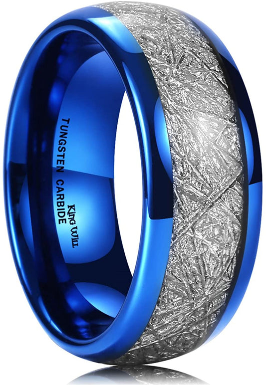 Blue Domed Tungsten Carbide Ring with Silver Meteorite Inlay | 8mm
