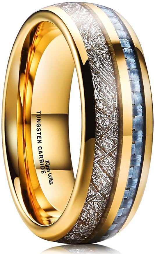 Gold Polished Tungsten Carbide Ring with Meteorite and Carbon Fiber Inlay | 7mm