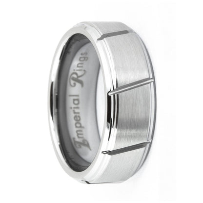 Silver-tone tungsten carbide ring with brushed panels, crossing etched lines, a center groove, and polished edges, 8mm wide