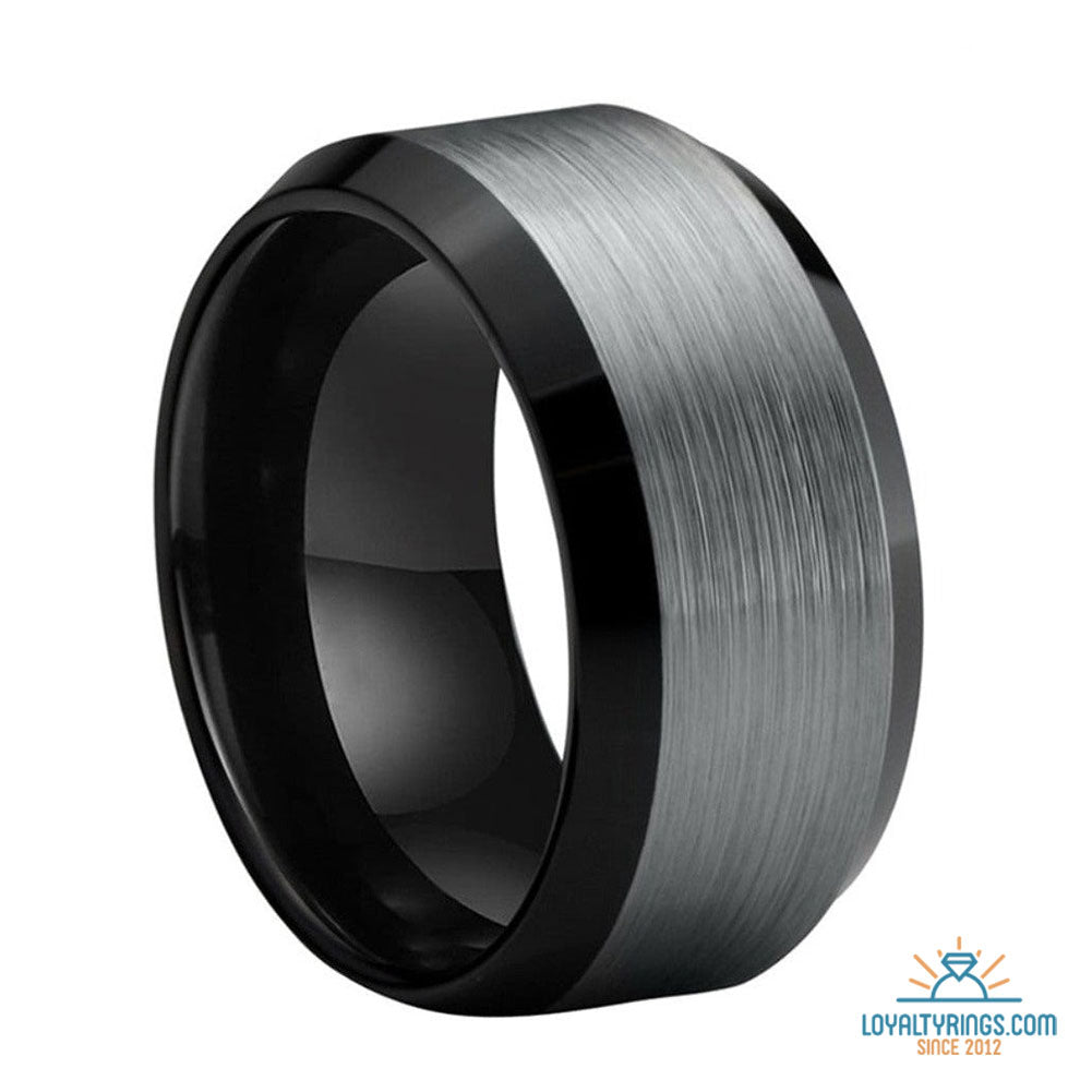Black Brushed Beveled Tungsten Carbide Ring | 10mm