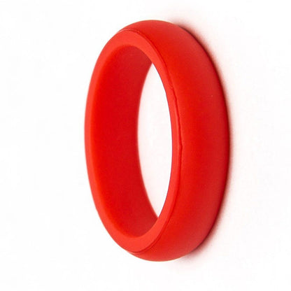 Thin red silicone ring, 5.5mm wide, shown at an angle on a white background