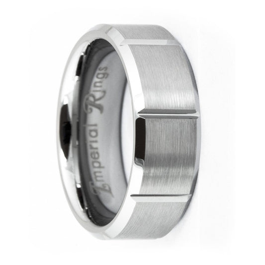 Silver Brushed Beveled and Etched Tungsten Carbide Ring | 8mm