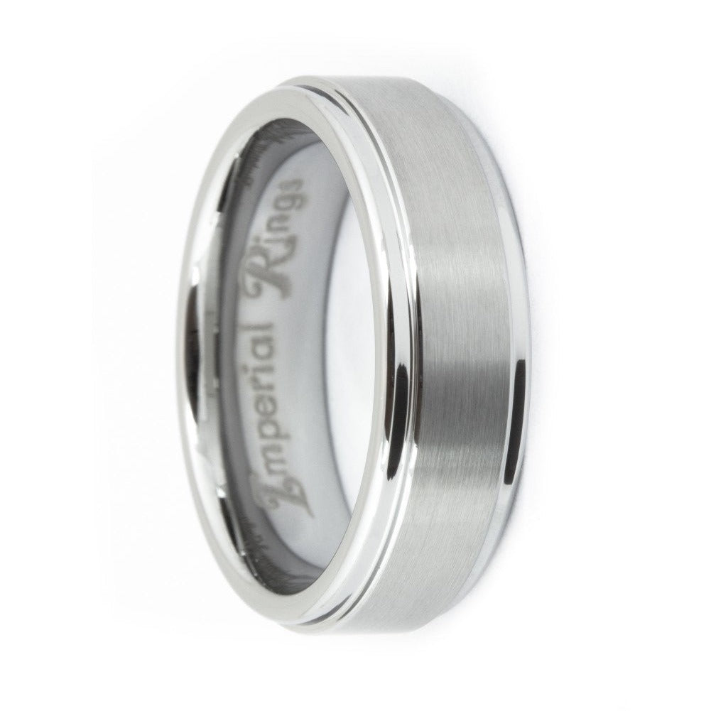 Silver Beveled Polished Tungsten Carbide Ring with Brushed Inlay | 7mm