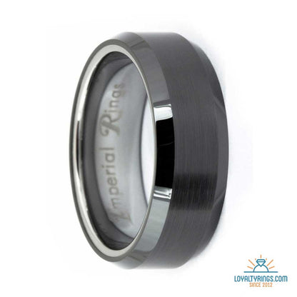 Black tungsten carbide ring with a brushed exterior, broad polished bevels, and silver-tone interior, 8mm wide