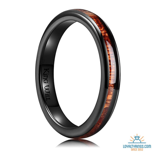 Black Domed Ceramic Ring with Koa Wood Inlay | 3mm