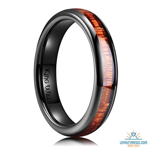 Black Domed Ceramic Ring with Koa Wood Inlay | 4mm