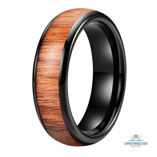 Black Domed Tungsten Carbide Ring with Koa Wood Inlay | 6mm