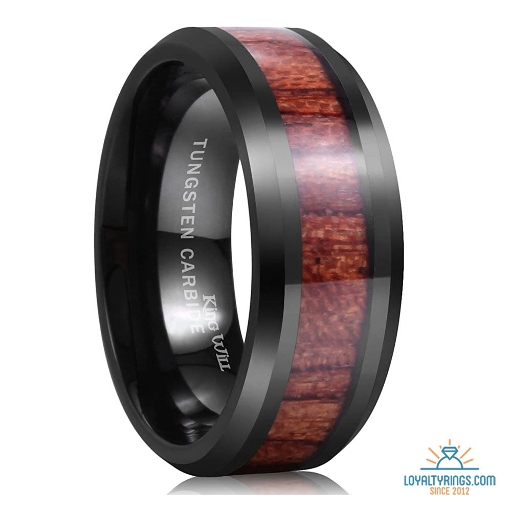 Black Polished Beveled Tungsten Carbide Ring with Koa Wood Inlay | 6mm