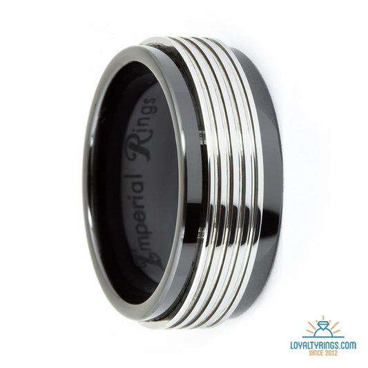 Black Polished Ceramic Ring with Etched and Grooved Tungsten Carbide Inlay | 9mm