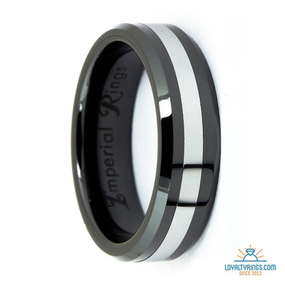 Black ceramic ring with beveled edges and a narrow silver-tone tungsten carbide center stripe, 7mm wide