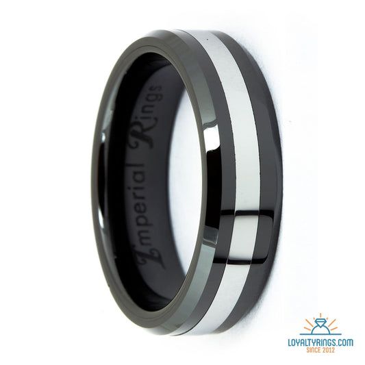Black Polished Ceramic Ring with Silver Tungsten Carbide Inlay | 7mm