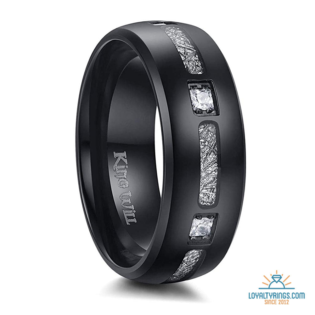 Black Polished Domed Titanium Ring with Meteorite and Cubic Zirconia Inlay | 8mm