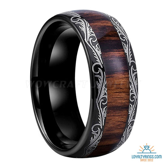 Black Polished Domed Tungsten Carbide Wedding Band with Floral Design & Koa Wood Inlay | 8mm