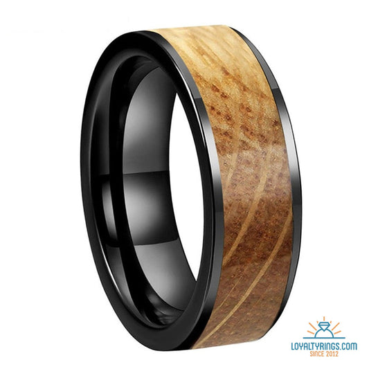 Black Polished Flat Tungsten Carbide Ring with Whiskey Barrel Inlay | 8mm